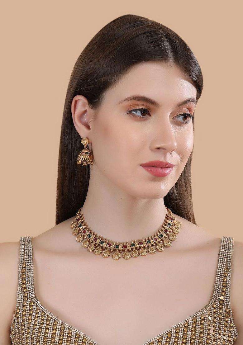 Gold-Plated Artificial Stones Studded & Beaded Jewellery Set for Women | Traditional Temple Jewellery for Wedding & Festive Wear | Gift for Her - Indya