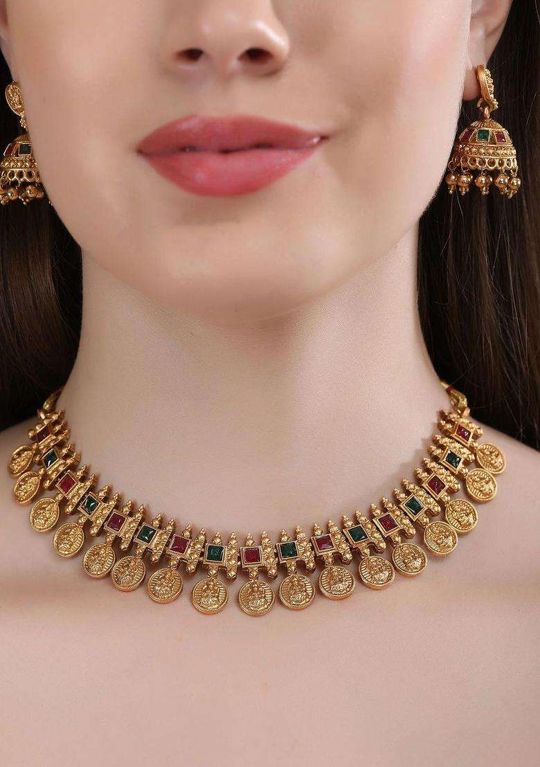 Gold-Plated Artificial Stones Studded & Beaded Jewellery Set for Women | Traditional Temple Jewellery for Wedding & Festive Wear | Gift for Her - Indya