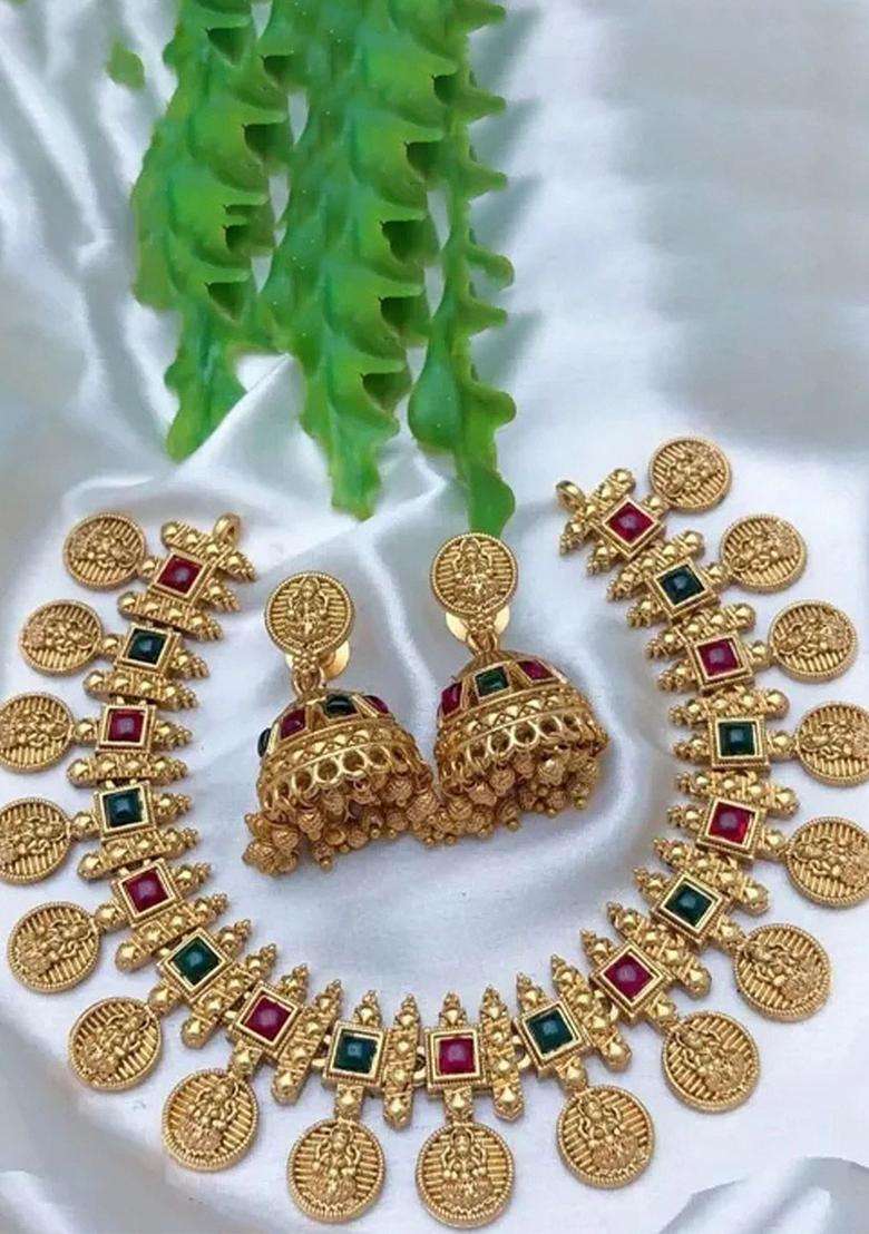 Gold-Plated Artificial Stones Studded & Beaded Jewellery Set for Women | Traditional Temple Jewellery for Wedding & Festive Wear | Gift for Her - Indya