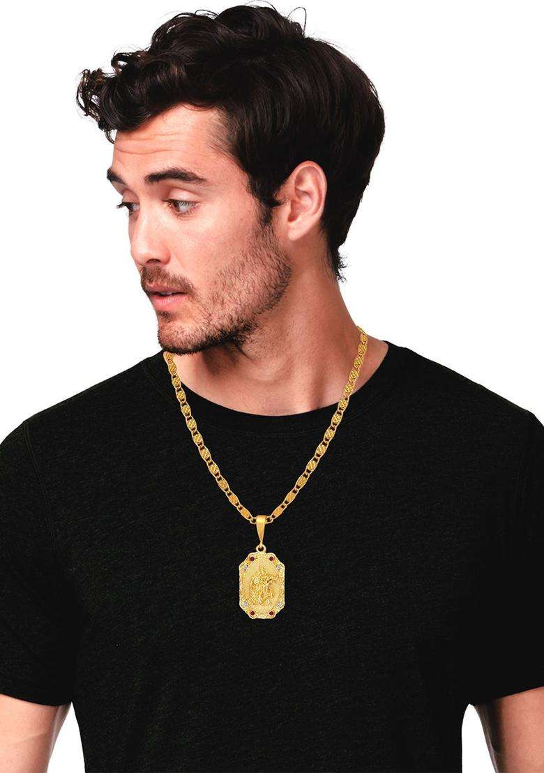Brass Gold-Plated Chain with CZ Stone for Men | Traditional Temple Jewellery for Wedding & Festive Wear | Gift for Him - Indya