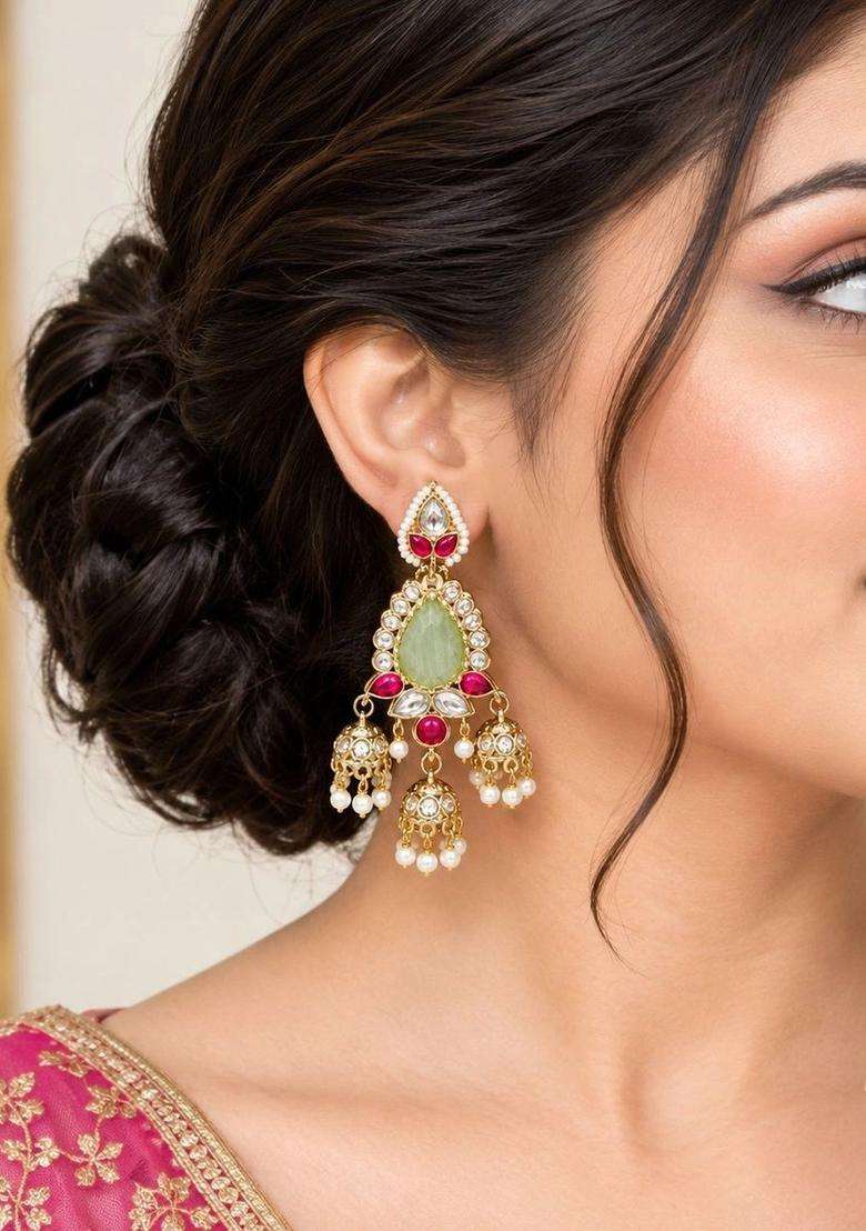 Gold-Plated Teardrop Shaped Drop Earrings with Kundan for Women | Traditional Temple Jewellery for Wedding & Festive Wear | Gift for Her - Indya
