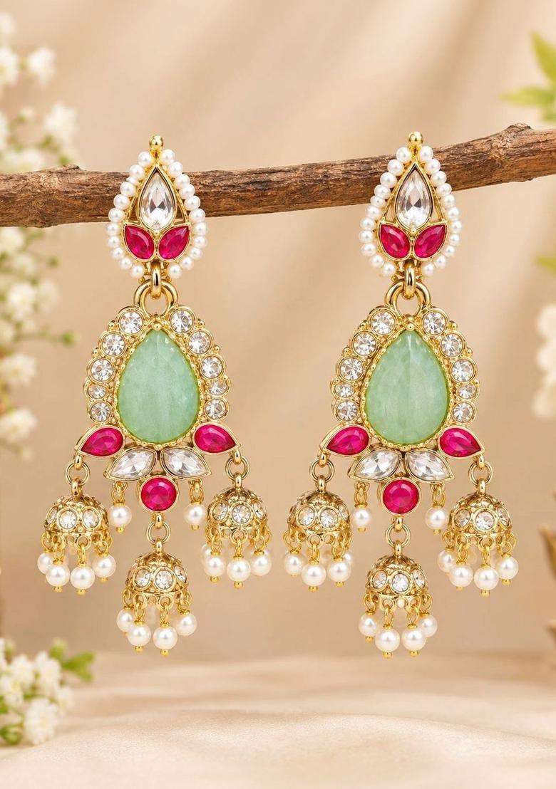 Gold-Plated Teardrop Shaped Drop Earrings with Kundan for Women | Traditional Temple Jewellery for Wedding & Festive Wear | Gift for Her - Indya
