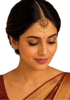 Gold-Plated Artificial Stones Studded Maang Tikka Head Jewellery for Women | Traditional Temple Jewellery for Wedding & Festive Wear | Gift for Her
