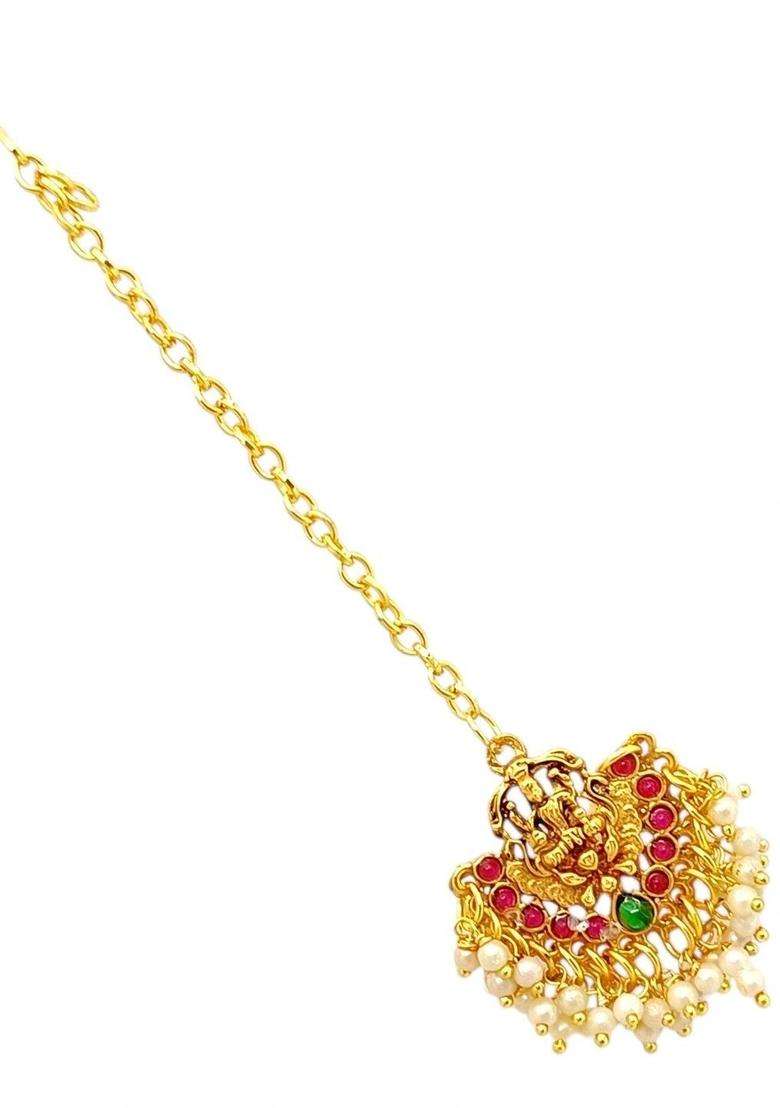 Gold-Plated Artificial Stones Studded Maang Tikka Head Jewellery for Women | Traditional Temple Jewellery for Wedding & Festive Wear | Gift for Her - Indya