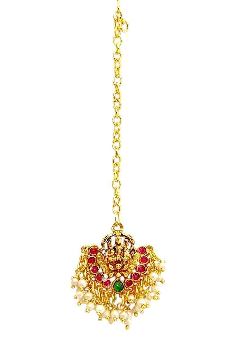 Gold-Plated Artificial Stones Studded Maang Tikka Head Jewellery for Women | Traditional Temple Jewellery for Wedding & Festive Wear | Gift for Her - Indya