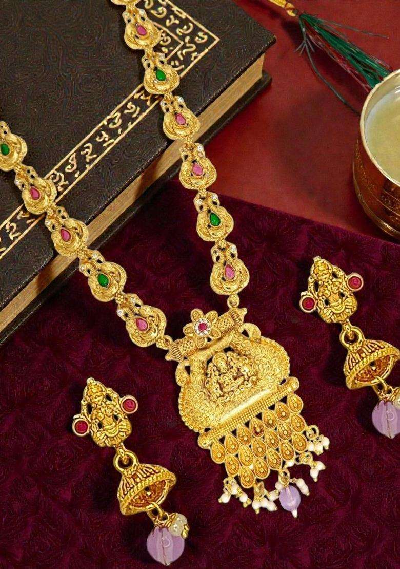 Gold-Plated Stone-Studded & Beaded Jewellery Set for Women | Traditional Temple Jewellery for Wedding & Festive Wear | Gift for Her - Indya