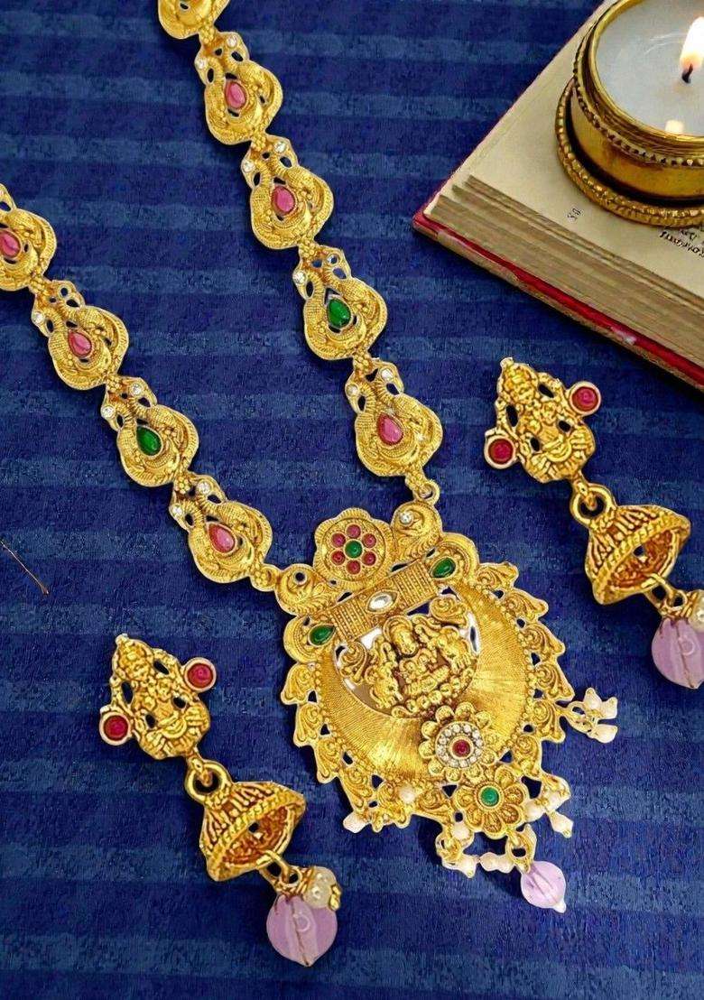 Gold-Plated Stone-Studded & Beaded Jewellery Set for Women | Traditional Temple Jewellery for Wedding & Festive Wear | Gift for Her - Indya