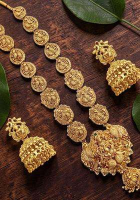 Gold-Plated Cubic Zirconia Studded Temple Necklace and Earrings for Women | Traditional Temple Jewellery for Wedding & Festive Wear | Gift for Her