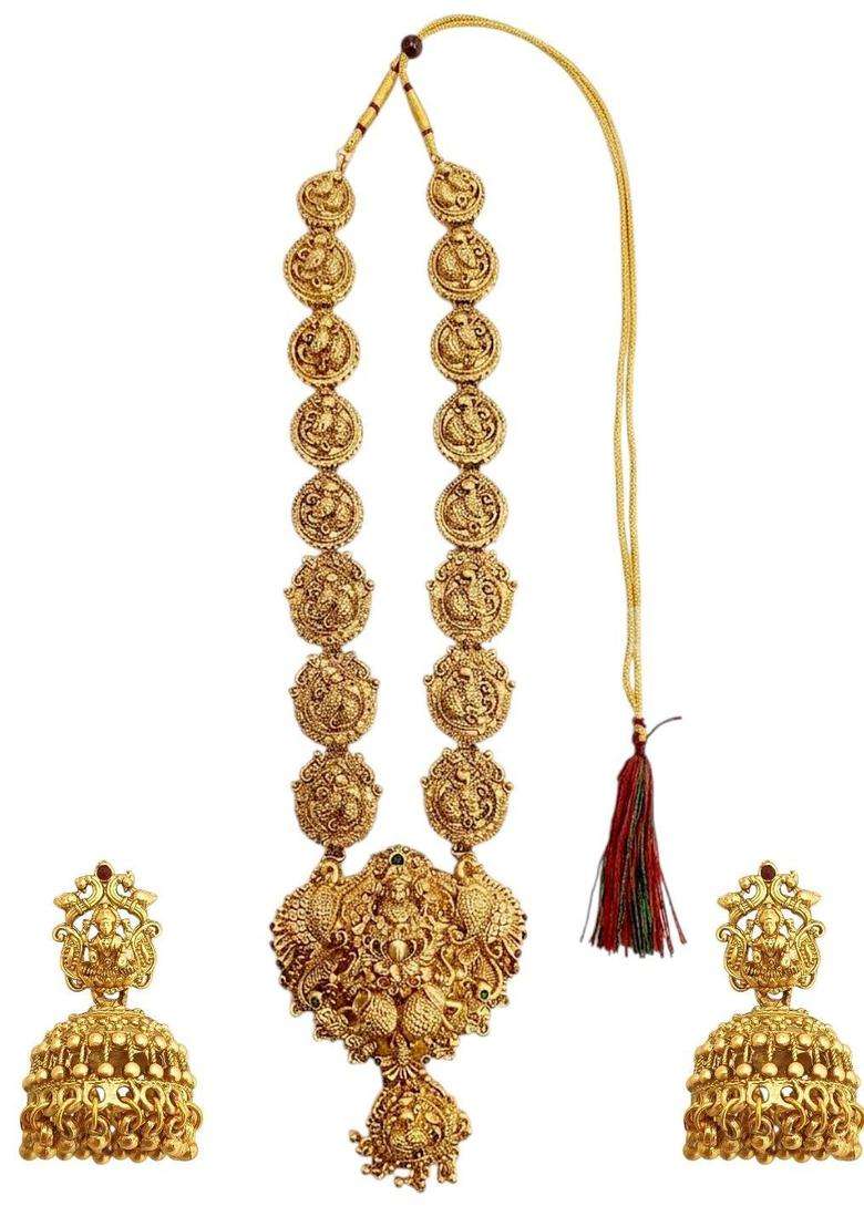 Gold-Plated Cubic Zirconia Studded Temple Necklace and Earrings for Women | Traditional Temple Jewellery for Wedding & Festive Wear | Gift for Her - Indya