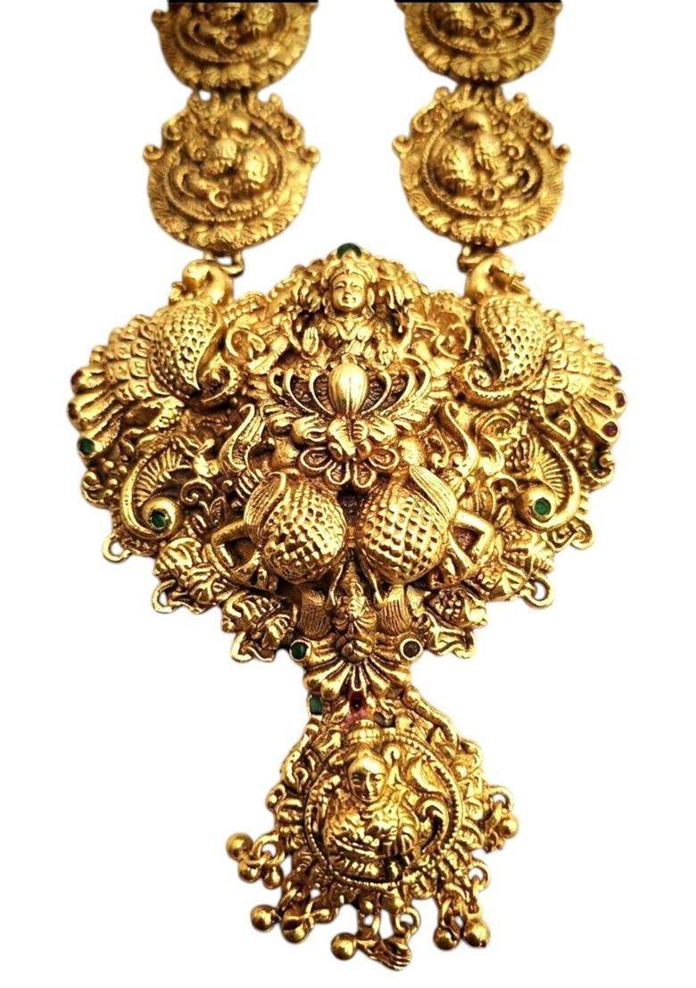 Gold-Plated Cubic Zirconia Studded Temple Necklace and Earrings for Women | Traditional Temple Jewellery for Wedding & Festive Wear | Gift for Her - Indya