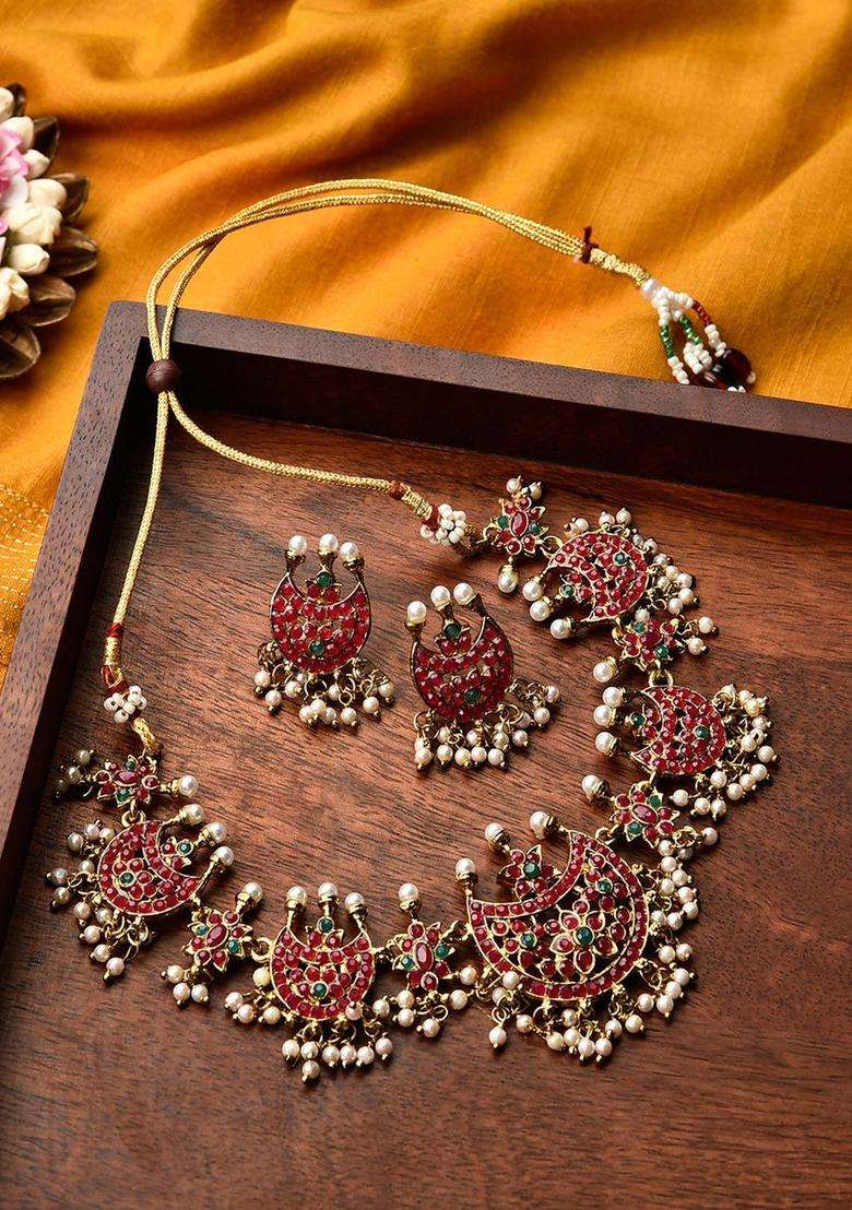 Gold-Plated Fuchsia Pink & White Stone-Studded & Pearl Beaded Handmade Temple Jewellery Set for Women | Traditional Temple Jewellery for Wedding & Festive Wear | Gift for Her - Indya