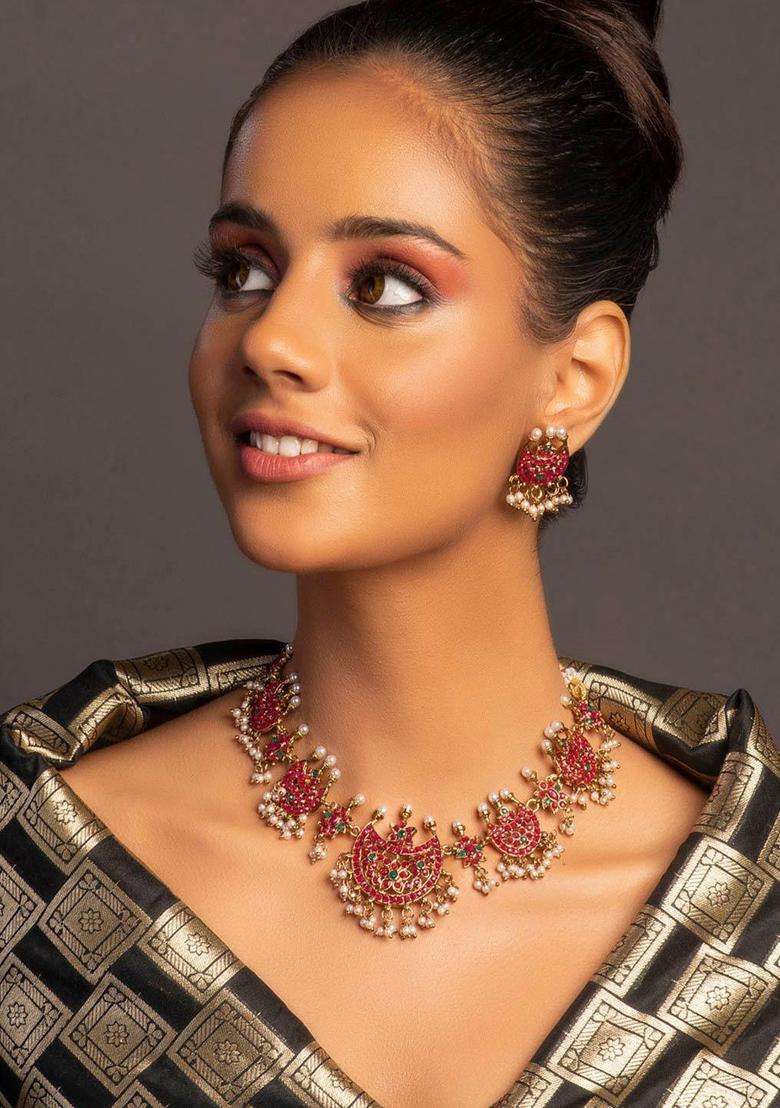 Gold-Plated Fuchsia Pink & White Stone-Studded & Pearl Beaded Handmade Temple Jewellery Set for Women | Traditional Temple Jewellery for Wedding & Festive Wear | Gift for Her - Indya