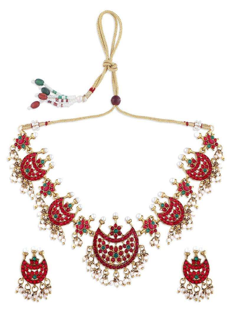Gold-Plated Fuchsia Pink & White Stone-Studded & Pearl Beaded Handmade Temple Jewellery Set for Women | Traditional Temple Jewellery for Wedding & Festive Wear | Gift for Her - Indya