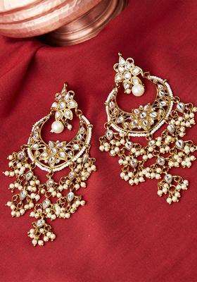 Gold-Toned & White Crescent Shaped Drop Earrings with Pearl for Women | Traditional Temple Jewellery for Wedding & Festive Wear | Gift for Her