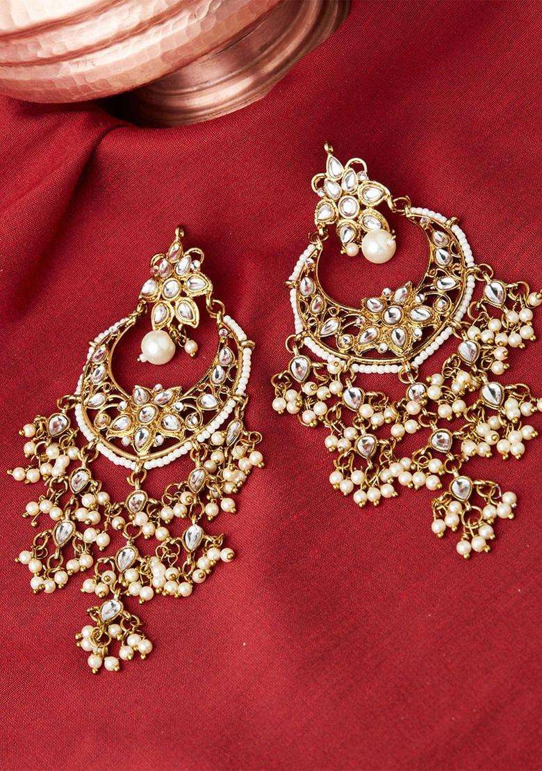 Gold-Toned & White Crescent Shaped Drop Earrings with Pearl for Women | Traditional Temple Jewellery for Wedding & Festive Wear | Gift for Her - Indya