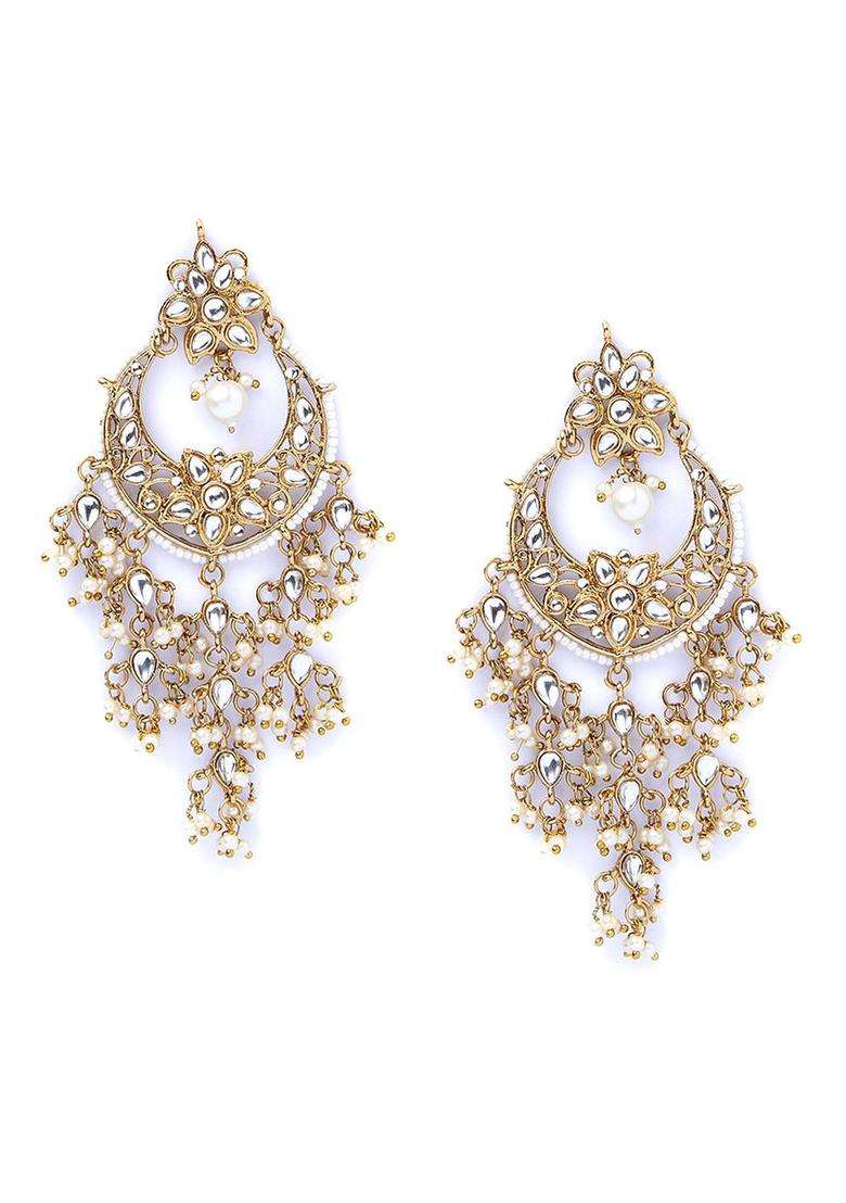 Gold-Toned & White Crescent Shaped Drop Earrings with Pearl for Women | Traditional Temple Jewellery for Wedding & Festive Wear | Gift for Her - Indya
