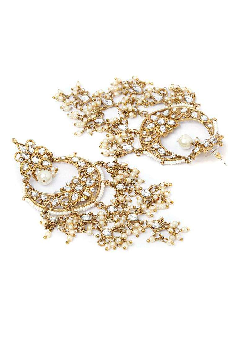 Gold-Toned & White Crescent Shaped Drop Earrings with Pearl for Women | Traditional Temple Jewellery for Wedding & Festive Wear | Gift for Her - Indya