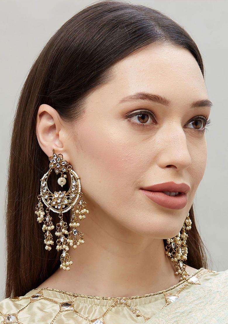 Gold-Toned & White Crescent Shaped Drop Earrings with Pearl for Women | Traditional Temple Jewellery for Wedding & Festive Wear | Gift for Her - Indya