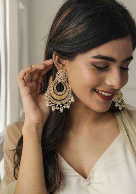 Gold-Plated Crescent Shaped Chandbalis Earrings with Kundan for Women | Traditional Temple Jewellery for Wedding & Festive Wear | Gift for Her