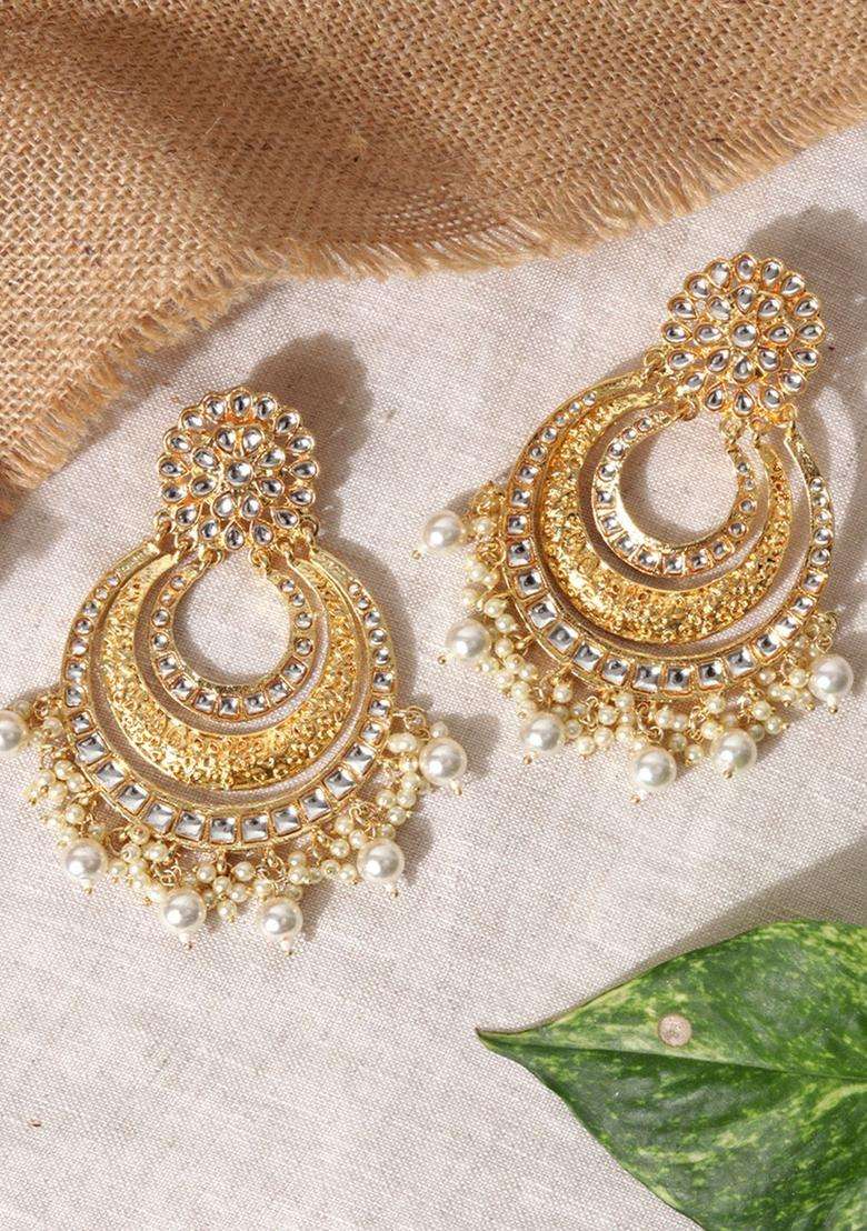 Gold-Plated Crescent Shaped Chandbalis Earrings with Kundan for Women | Traditional Temple Jewellery for Wedding & Festive Wear | Gift for Her - Indya
