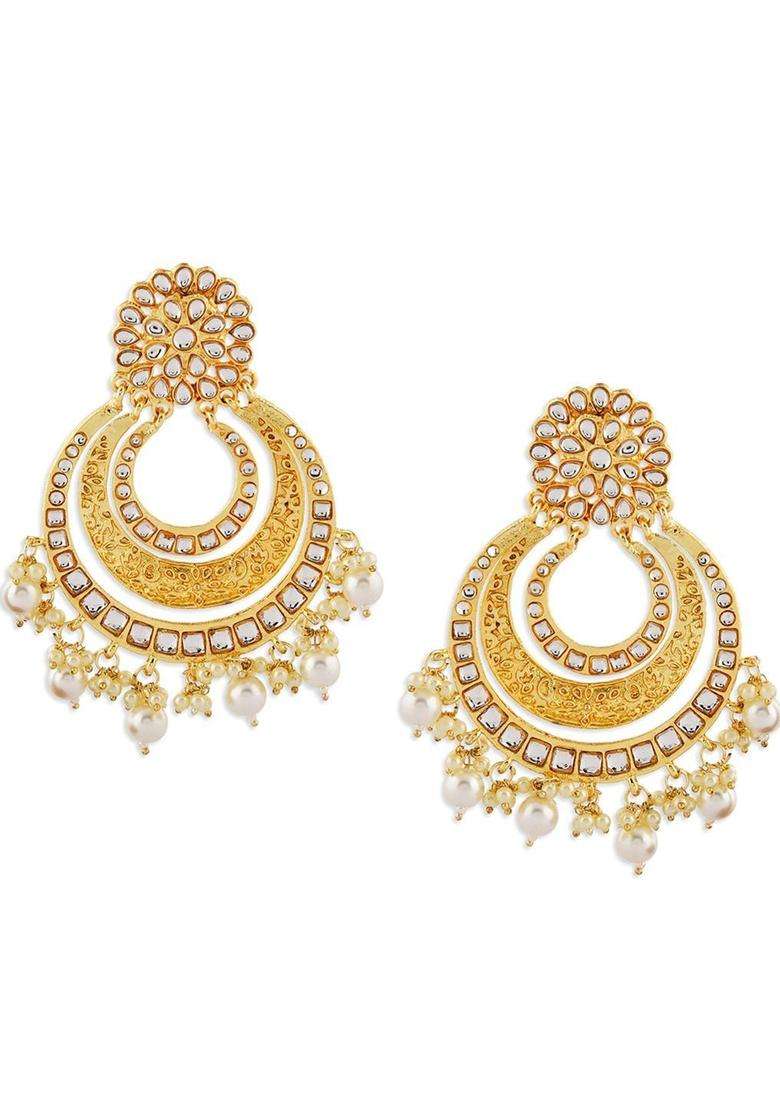 Gold-Plated Crescent Shaped Chandbalis Earrings with Kundan for Women | Traditional Temple Jewellery for Wedding & Festive Wear | Gift for Her - Indya