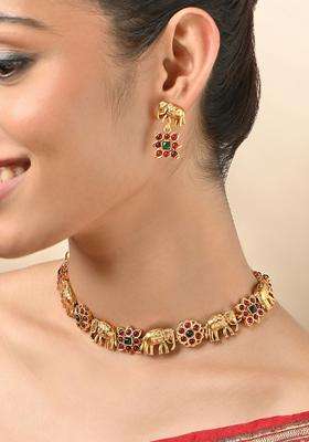 Gold-Plated Artificial Stones Studded Jewellery Set for Women | Traditional Temple Jewellery for Wedding & Festive Wear | Gift for Her