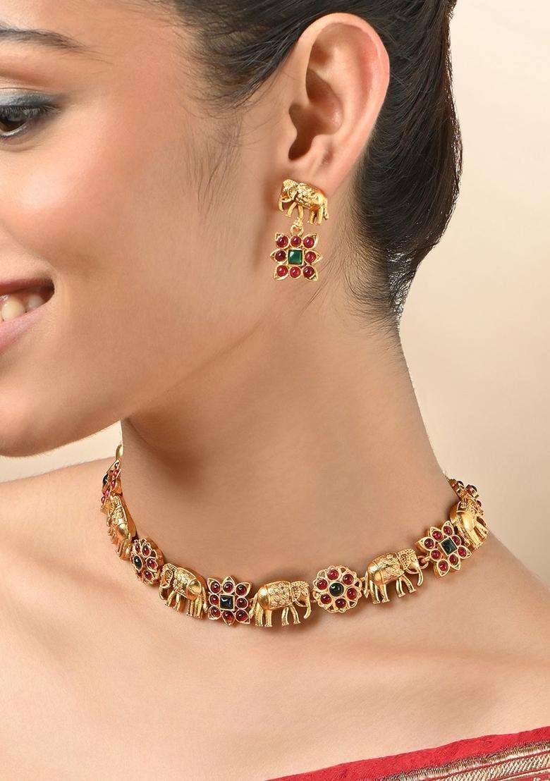 Gold-Plated Artificial Stones Studded Jewellery Set for Women | Traditional Temple Jewellery for Wedding & Festive Wear | Gift for Her - Indya