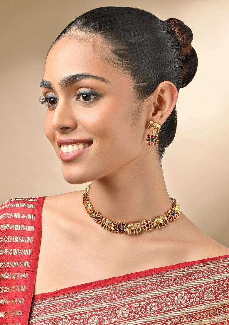 Gold-Plated Artificial Stones Studded Jewellery Set for Women | Traditional Temple Jewellery for Wedding & Festive Wear | Gift for Her - Indya