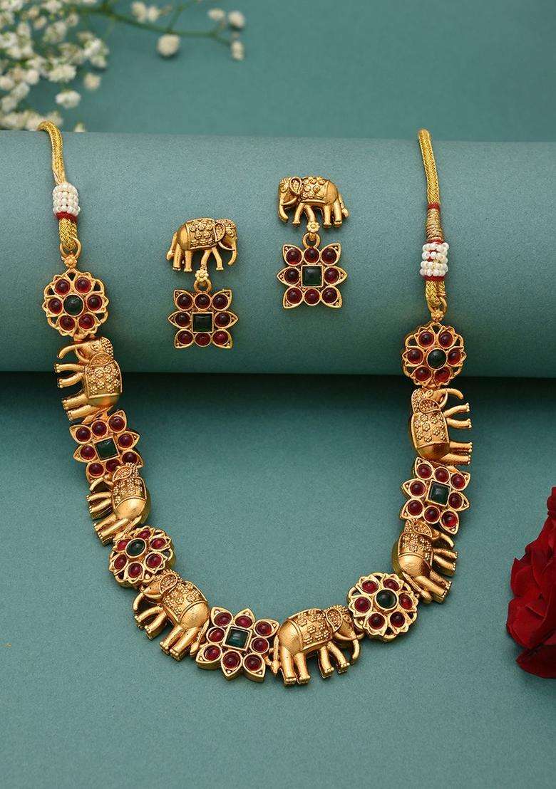 Gold-Plated Artificial Stones Studded Jewellery Set for Women | Traditional Temple Jewellery for Wedding & Festive Wear | Gift for Her - Indya