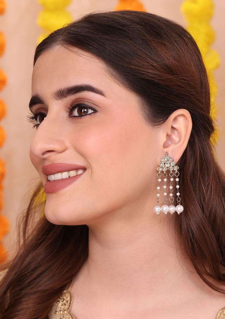 Gold-Plated Geometric Drop Earrings with Kundan for Women | Traditional Temple Jewellery for Wedding & Festive Wear | Gift for Her - Indya
