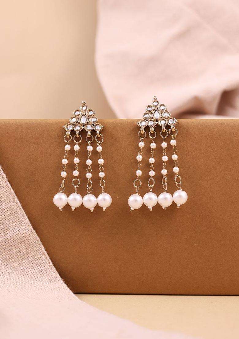 Gold-Plated Geometric Drop Earrings with Kundan for Women | Traditional Temple Jewellery for Wedding & Festive Wear | Gift for Her - Indya