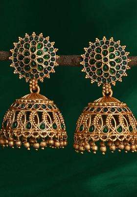 Gold-Plated Artificial Stones and Beaded Dome Shaped Temple Jhumkas for Women | Traditional Temple Jewellery for Wedding & Festive Wear | Gift for Her