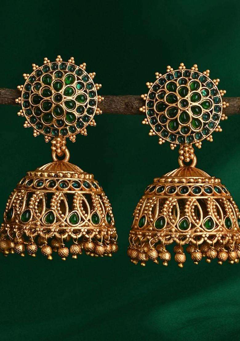 Gold-Plated Artificial Stones and Beaded Dome Shaped Temple Jhumkas for Women | Traditional Temple Jewellery for Wedding & Festive Wear | Gift for Her - Indya