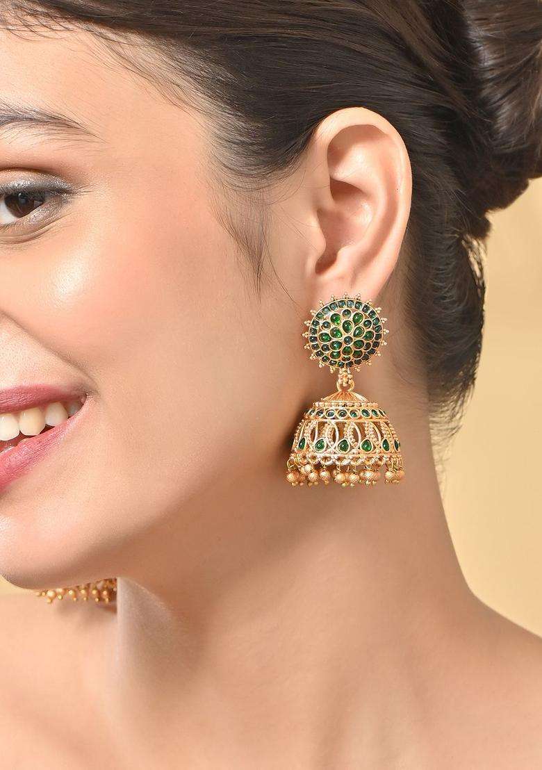 Gold-Plated Artificial Stones and Beaded Dome Shaped Temple Jhumkas for Women | Traditional Temple Jewellery for Wedding & Festive Wear | Gift for Her - Indya