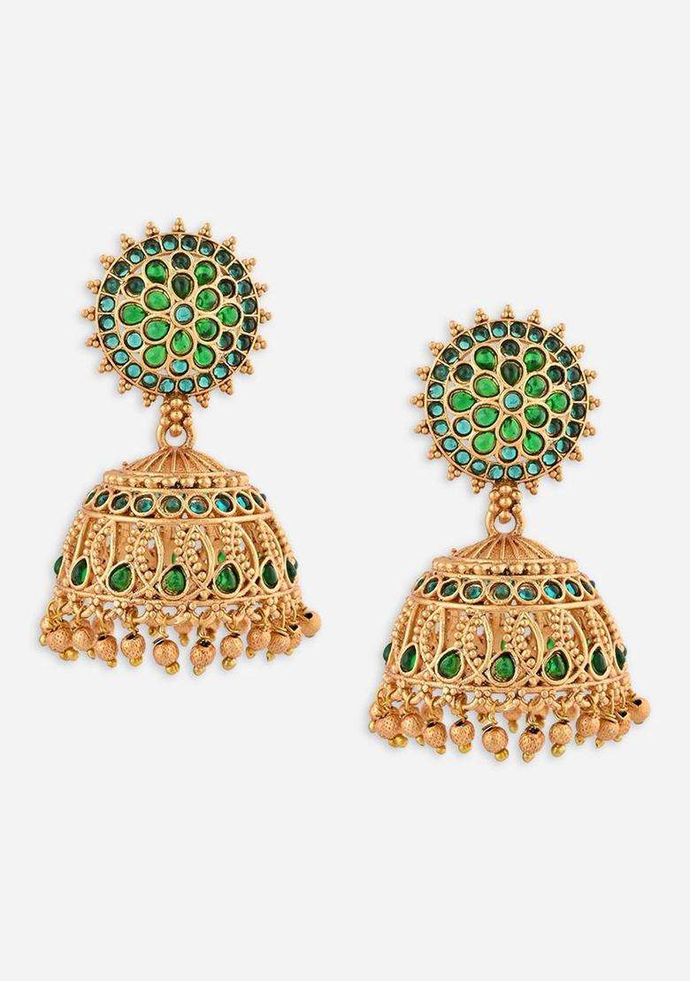 Gold-Plated Artificial Stones and Beaded Dome Shaped Temple Jhumkas for Women | Traditional Temple Jewellery for Wedding & Festive Wear | Gift for Her - Indya