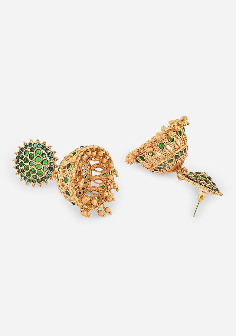 Gold-Plated Artificial Stones and Beaded Dome Shaped Temple Jhumkas for Women | Traditional Temple Jewellery for Wedding & Festive Wear | Gift for Her - Indya
