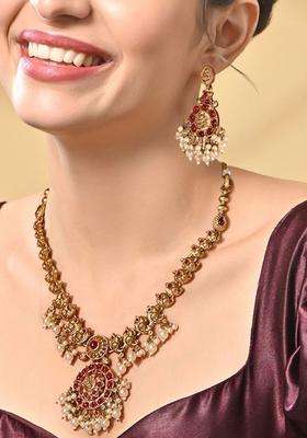 Gold-Plated Stones-Studded & Pearls Beaded Jewellery Set for Women | Traditional Temple Jewellery for Wedding & Festive Wear | Gift for Her