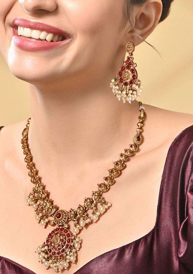 Gold-Plated Stones-Studded & Pearls Beaded Jewellery Set for Women | Traditional Temple Jewellery for Wedding & Festive Wear | Gift for Her - Indya
