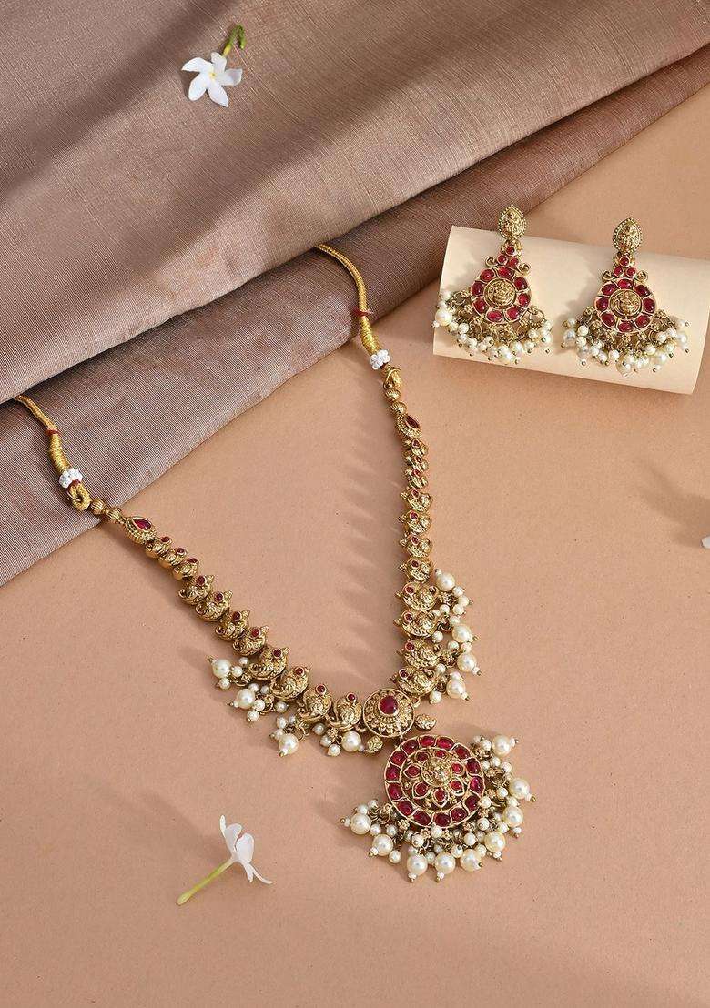 Gold-Plated Stones-Studded & Pearls Beaded Jewellery Set for Women | Traditional Temple Jewellery for Wedding & Festive Wear | Gift for Her - Indya