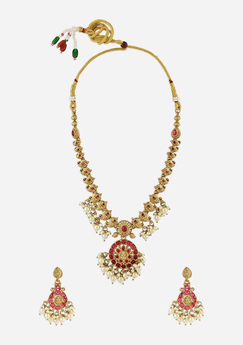 Gold-Plated Stones-Studded & Pearls Beaded Jewellery Set for Women | Traditional Temple Jewellery for Wedding & Festive Wear | Gift for Her - Indya