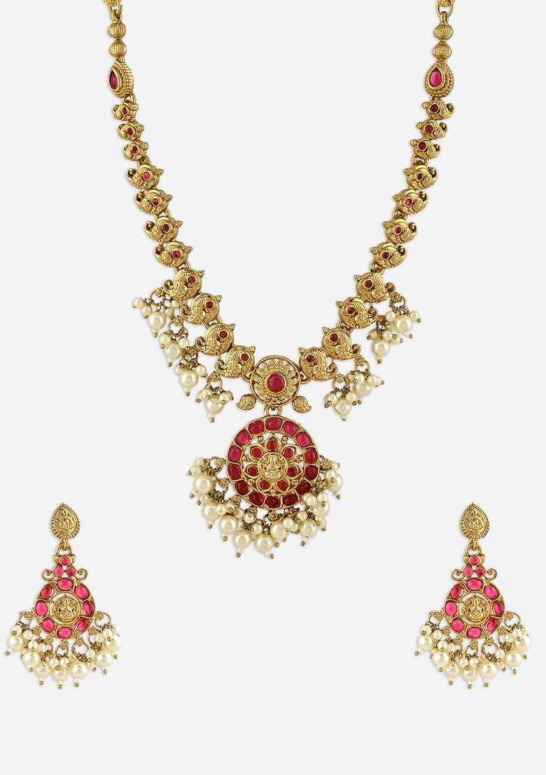 Gold-Plated Stones-Studded & Pearls Beaded Jewellery Set for Women | Traditional Temple Jewellery for Wedding & Festive Wear | Gift for Her - Indya