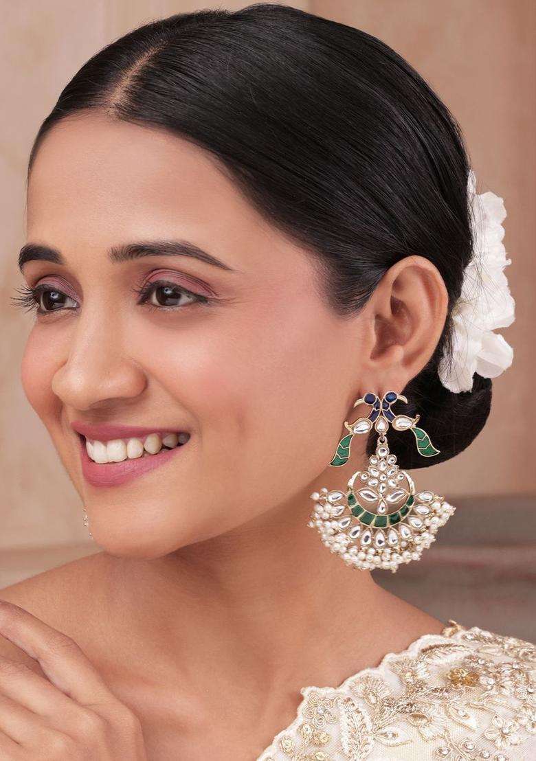 Gold-Plated Peacock Shaped Drop Earrings with Kundan for Women | Traditional Temple Jewellery for Wedding & Festive Wear | Gift for Her - Indya