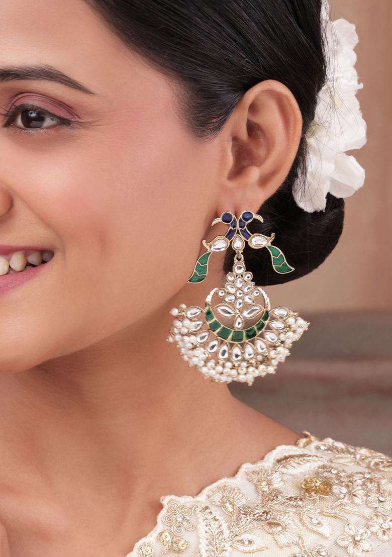 Gold-Plated Peacock Shaped Drop Earrings with Kundan for Women | Traditional Temple Jewellery for Wedding & Festive Wear | Gift for Her - Indya