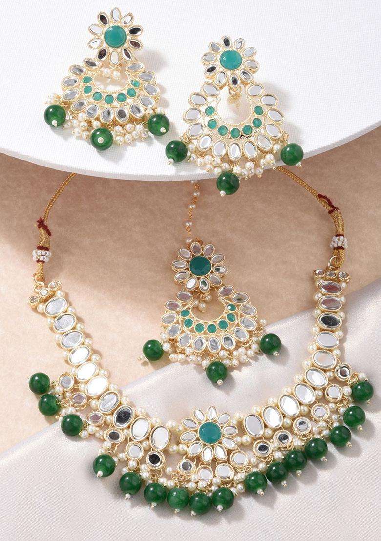 Gold-Plated Kundan Studded & Pearls Beaded Necklace with Earrings for Women | Traditional Temple Jewellery for Wedding & Festive Wear | Gift for Her - Indya