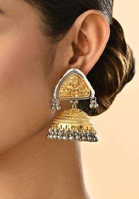 Gold & Silver -Toned Bridal Teardrop Floral Pearl Muhuratam Jhumkas Earrings for Women | Traditional Temple Jewellery for Wedding & Festive Wear | Gift for Her