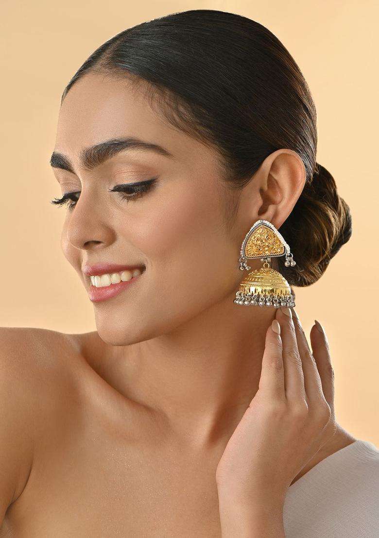 Gold & Silver -Toned Bridal Teardrop Floral Pearl Muhuratam Jhumkas Earrings for Women | Traditional Temple Jewellery for Wedding & Festive Wear | Gift for Her - Indya