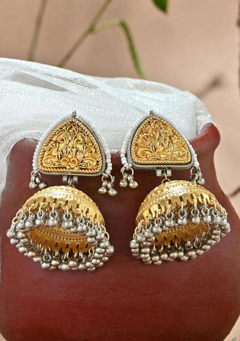 Gold & Silver -Toned Bridal Teardrop Floral Pearl Muhuratam Jhumkas Earrings for Women | Traditional Temple Jewellery for Wedding & Festive Wear | Gift for Her - Indya