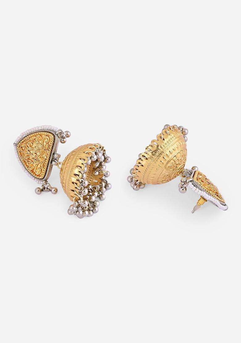 Gold & Silver -Toned Bridal Teardrop Floral Pearl Muhuratam Jhumkas Earrings for Women | Traditional Temple Jewellery for Wedding & Festive Wear | Gift for Her - Indya