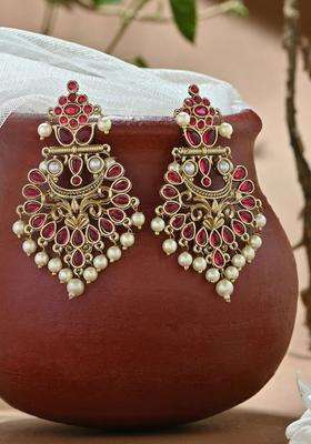 Gold -Toned Red Kundan Floral Pearls Drops Muhuratam Chandbali Earrings for Women | Traditional Temple Jewellery for Wedding & Festive Wear | Gift for Her