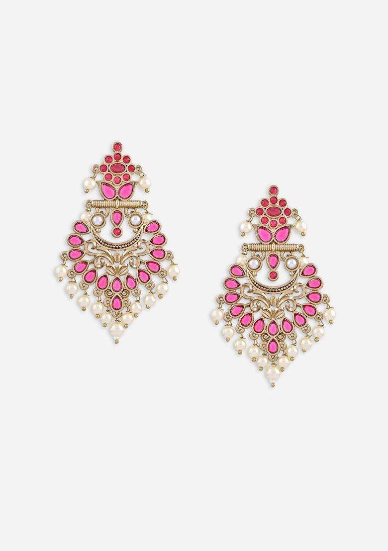 Gold -Toned Red Kundan Floral Pearls Drops Muhuratam Chandbali Earrings for Women | Traditional Temple Jewellery for Wedding & Festive Wear | Gift for Her - Indya